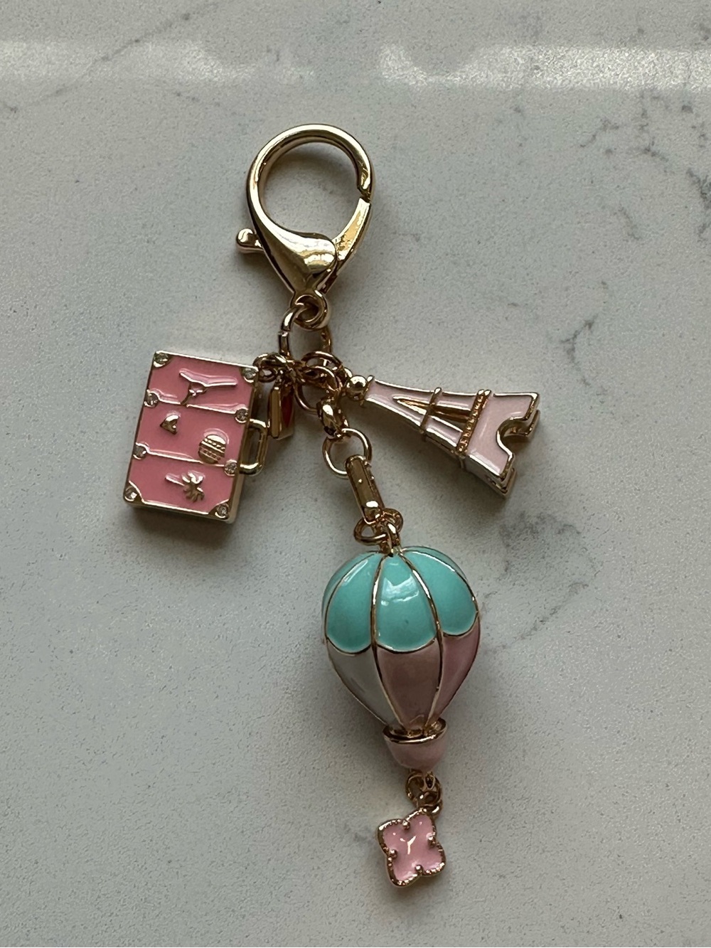 Pink & Mint Hot Air Balloon Gold Plated Enamel Bag Charm EUC